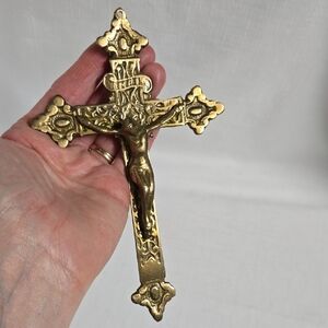 Vintage Brass 3D Cross Catholic Wall Hanging Jesus INRI Spiritual Ornate Texture